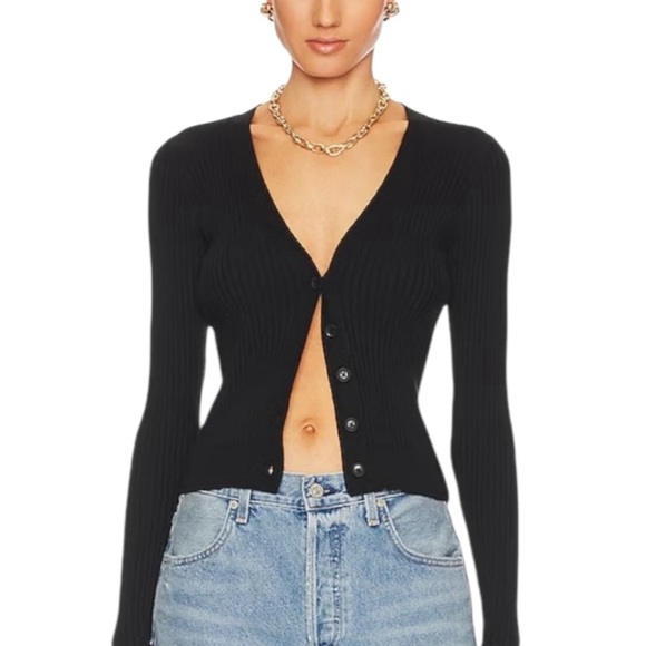 GOOD AMERICAN Cropped Ribbed Cardigan Black Size 1/2 | Cozy Knit Sweater - Picture 1 of 9